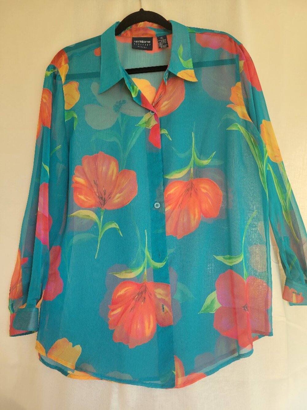 Liz Claiborne Lizsport Floral Blouse Petite Large Sheer Teal Button Up VTG Y2K
